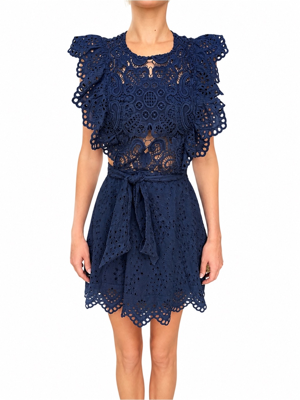 Nightcap Clothing Blue Eyelet Lace Ruffle Belted Mini Dress